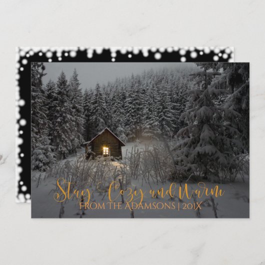 Blijf gezellig en warm blokhut in sneeuw foto kaart (Voorkant / Achterkant)