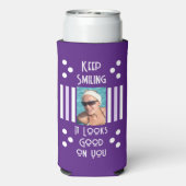 Blijf glimlachen voeg 2 fotostrepen wit paars toe seltzer blikjeskoeler (Seltzer Achterkant)