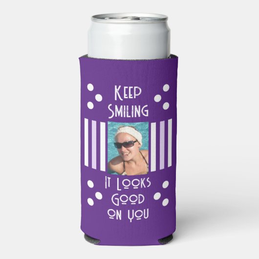 Blijf glimlachen voeg 2 fotostrepen wit paars toe seltzer blikjeskoeler (Seltzer Achterkant)