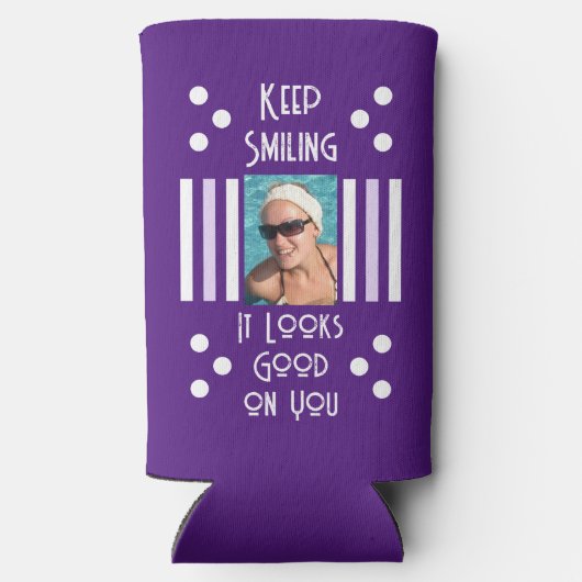 Blijf glimlachen voeg 2 fotostrepen wit paars toe seltzer blikjeskoeler (Achterkant)