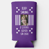 Blijf glimlachen voeg 2 fotostrepen wit paars toe seltzer blikjeskoeler (Voorkant)