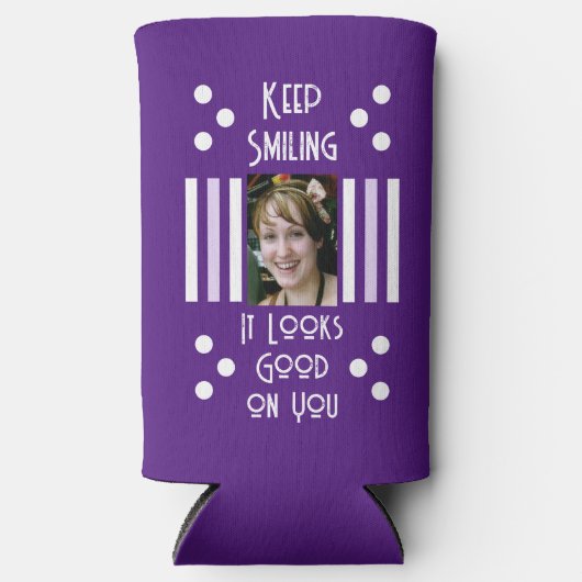 Blijf glimlachen voeg 2 fotostrepen wit paars toe seltzer blikjeskoeler (Voorkant)