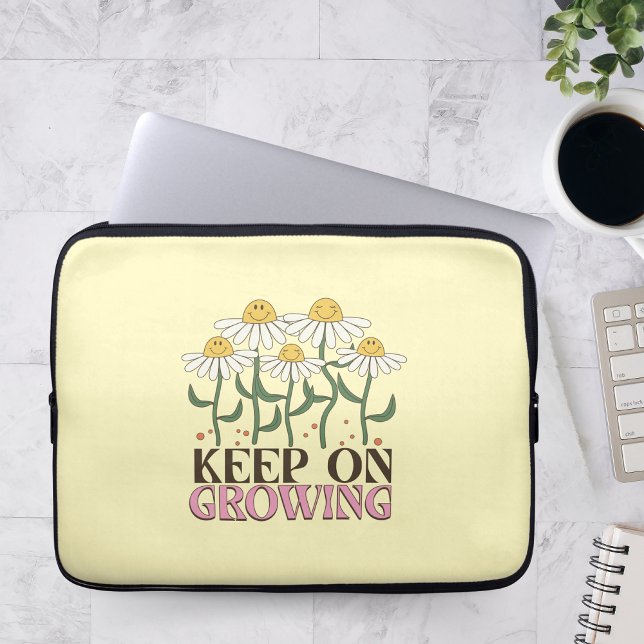 Blijf groeien positieve citaten Retro bloemen Laptop Sleeve (Creator heeft geüpload)