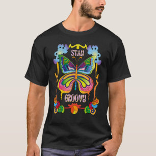 Blijf Groovy Girl Retro Rainbow Butterfly Hippie V T-shirt