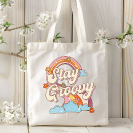 Blijf Groovy Retro Rainbow Flowers Typografie Tote Bag