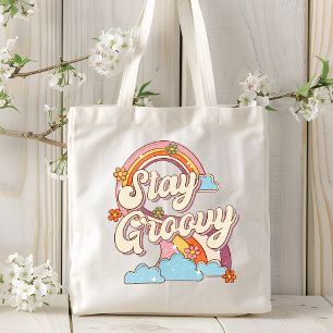 Blijf Groovy Retro Regenboog Bloemen Typografie Tote Bag