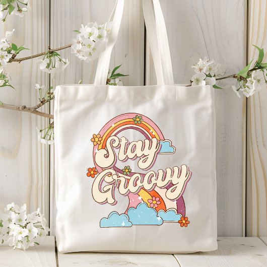 Blijf Groovy Retro Regenboog Bloemen Typografie Tote Bag