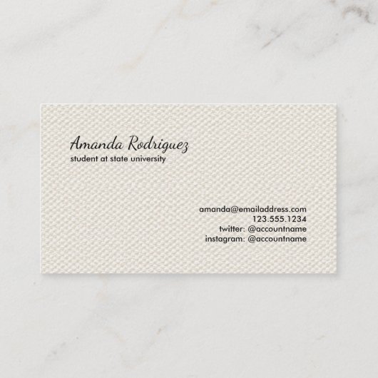 Blijf in contact Elegant Script op Beige Faux Canv Contactkaartje (Achterkant)