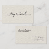 Blijf in contact Elegant Script op Beige Faux Canv Contactkaartje (Voorkant / Achterkant)
