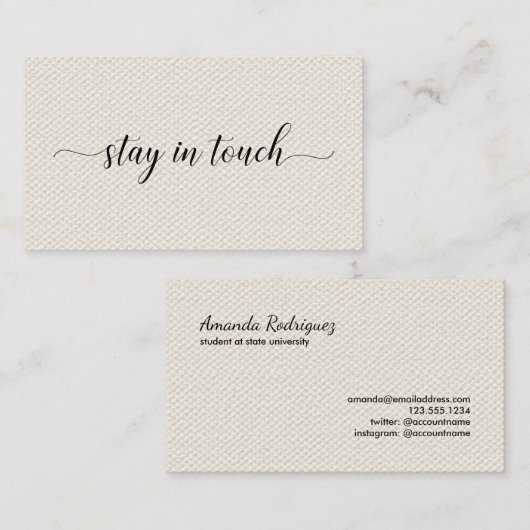 Blijf in contact Elegant Script op Beige Faux Canv Contactkaartje (Voorkant / Achterkant)