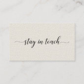 Blijf in contact Elegant Script op Beige Faux Canv Contactkaartje (Voorkant)