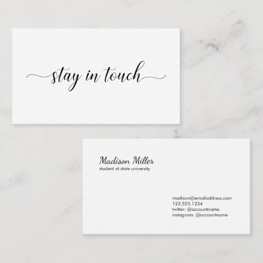 Blijf in contact Elegant Zwart Script minimaal Visitekaartje (Voorkant / Achterkant)