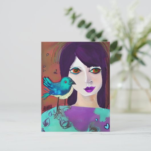 Blijf in contact met een vriend | Meisje en vogel Briefkaart (Staand voorkant)