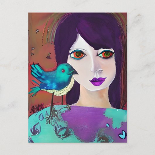 Blijf in contact met een vriend | Meisje en vogel Briefkaart (Voorkant)