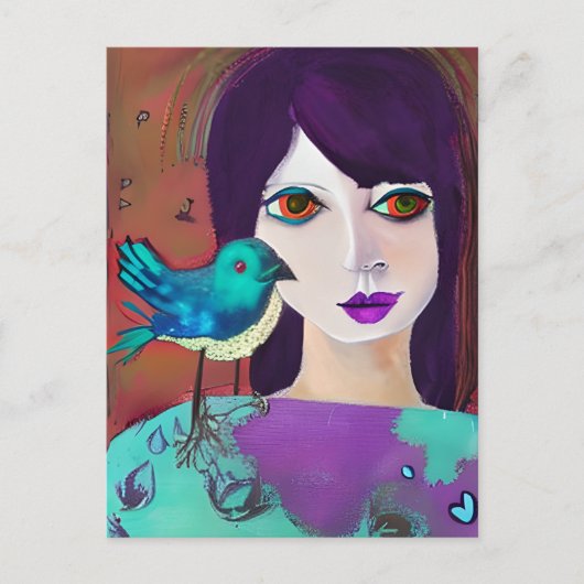 Blijf in contact met een vriend | Meisje en vogel Briefkaart (Voorkant)