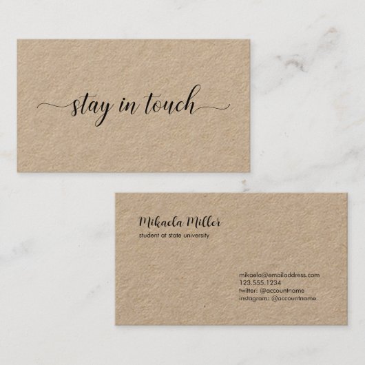 Blijf in contact met elegant Black Script Kraft Contactkaartje (Voorkant / Achterkant)