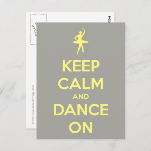 Blijf kalm en dans op grijs op geel briefkaart (Voorkant / Achterkant)