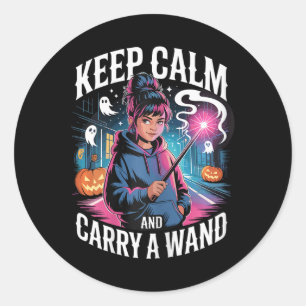 Blijf kalm en draag een toverstok tiener meisje me ronde sticker