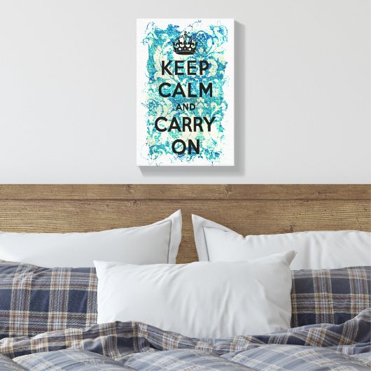 Blijf kalm en draag op blauw behang Damask Canvas Afdruk (Insitu (Slaapkamer))
