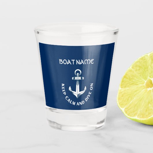 Blijf kalm en duik verder, anker marineblauw shot glas (Voorkant)