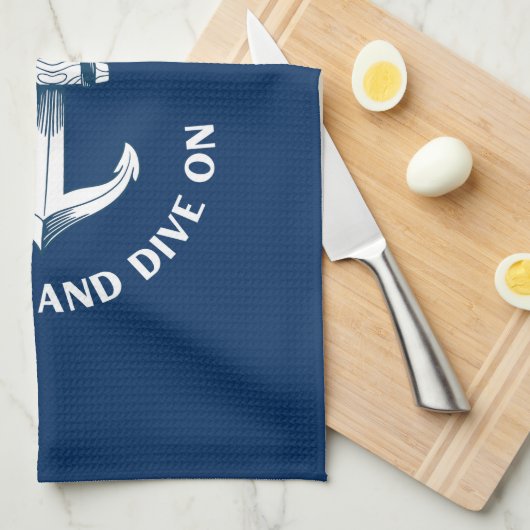 Blijf kalm en duik verder, anker marineblauw theedoek (Quarter Fold)