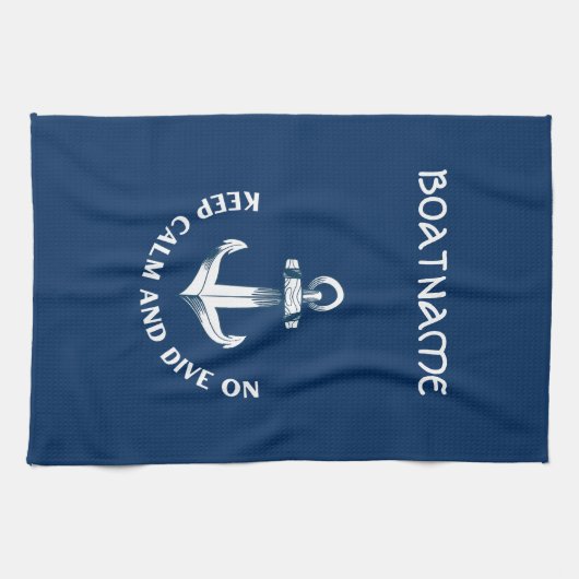 Blijf kalm en duik verder, anker marineblauw theedoek (Horizontaal)