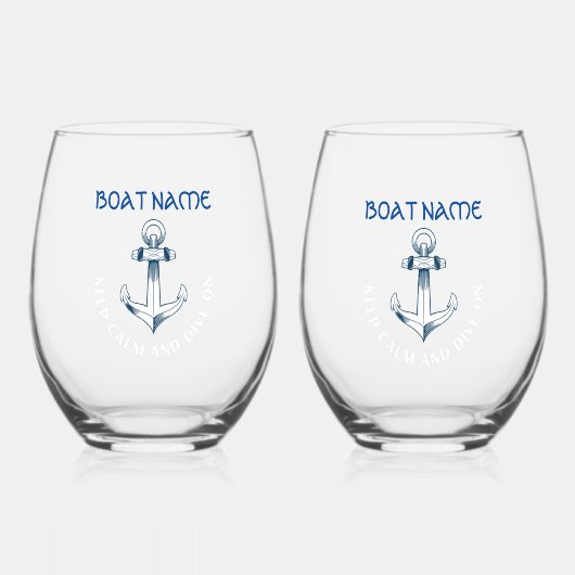 Blijf kalm en duik verder, anker marineblauw wijnglas zonder voet (Voorkant)