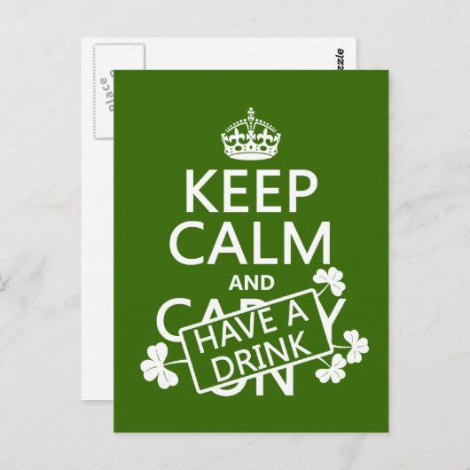 Blijf kalm en heb een Drink (Iers) (elke kleur) Briefkaart (Voorkant / Achterkant)