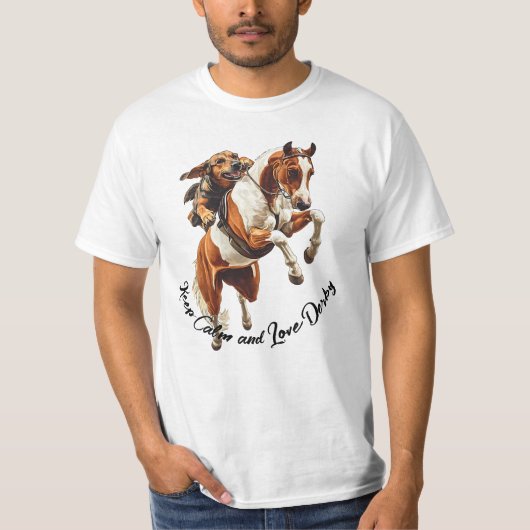 Blijf kalm en hou van Derby. Gestileerde paarden e T-shirt (Voorkant)