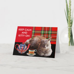 "BLIJF KALM EN KITTY AAN" ,RODE TARTAN, KAT TENTJE KAART