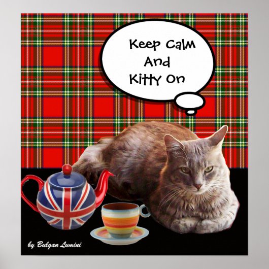 "Blijf kalm en kitty aan" ,rode tartan, theevisite Poster (Voorkant)