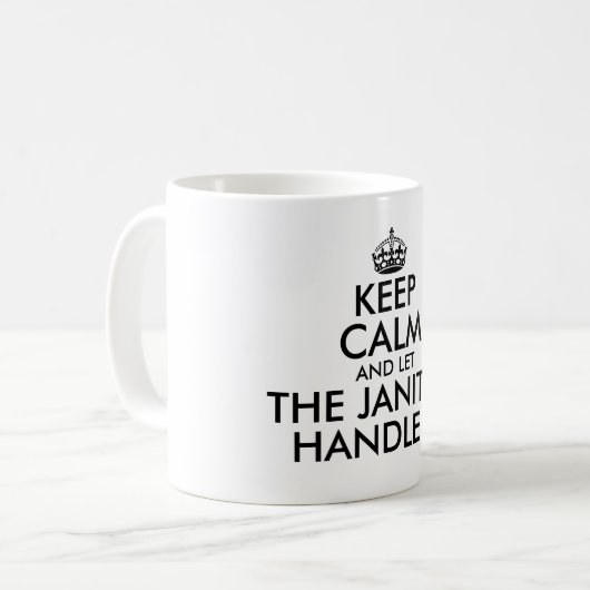 Blijf kalm en laat de conciërge het grappig behand koffiemok (Voorkant links)