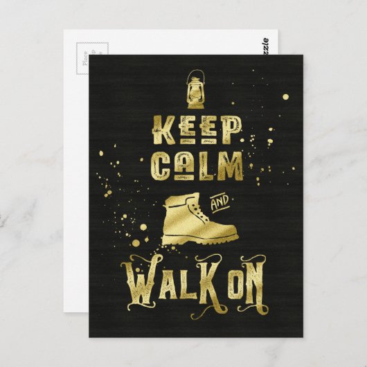 Blijf kalm en lopen op Gold Hiking Boot Typografie Briefkaart (Voorkant / Achterkant)