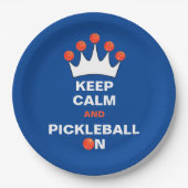Blijf kalm en Pickleball aan, blauw Sinaasappel en Papieren Bordje (Voorkant)