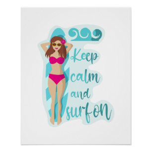 Blijf kalm en surf op bruine meisjes kaart perfect poster