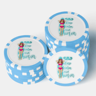 Blijf kalm en surf op brunette meisje Kaart Poker Chips