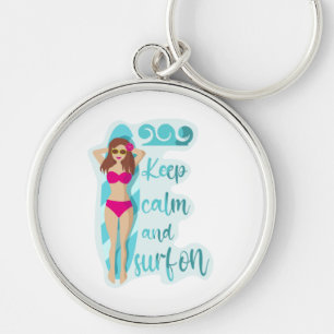 Blijf kalm en surf op brunette meisje kaart sleutelhanger