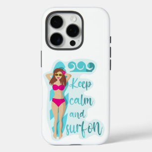 Blijf kalm en surf op brunette meisjeskaart iPhone 16 pro hoesje