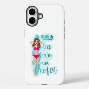 Blijf kalm en surf op brunette meisjeskaart iPhone 16 plus hoesje