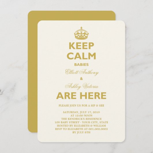 Blijf kalm, grappige Sip en zie Twins New Babies B Kaart (Voorkant / Achterkant)