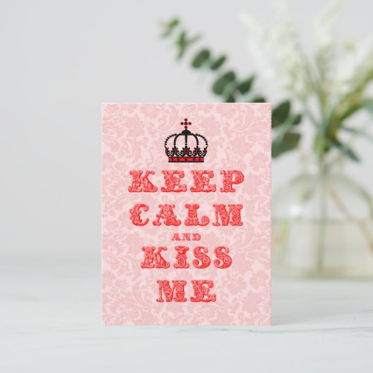 Blijf kalm & kus me- roze & rode bloemdamast briefkaart (Staand voorkant)