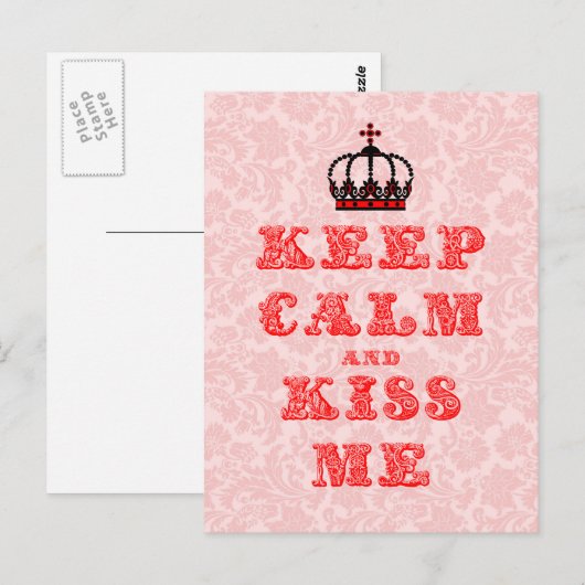 Blijf kalm & kus me- roze & rode bloemdamast briefkaart (Voorkant / Achterkant)