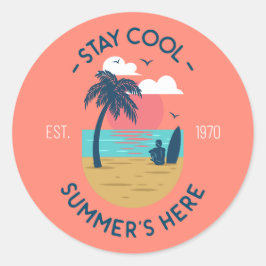 Blijf koel Zomer's Here Beach Sunset Ronde Sticker