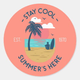Blijf koel Zomer's Here Beach Sunset Ronde Sticker