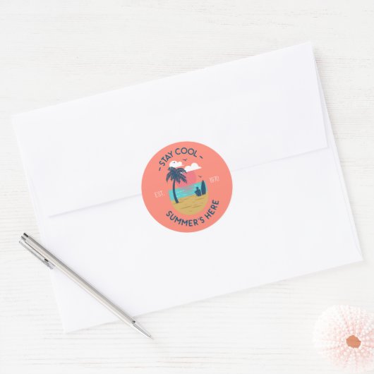 Blijf koel Zomer's Here Beach Sunset Ronde Sticker (Envelop)