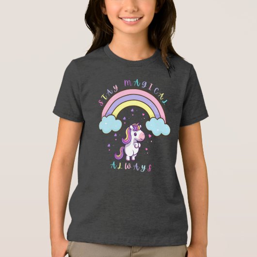 Blijf Magisch – Cute Unicorn & Regenboog Design Tri-Blend Shirt (Voorkant)