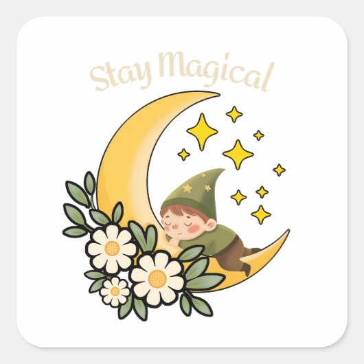 Blijf Magisch Kabouter op Halve Maan  Vierkante Sticker (Voorkant)