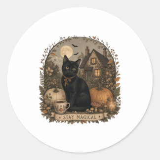 Blijf Magisch Zwarte Kat Halloween Cottagecore Ronde Sticker