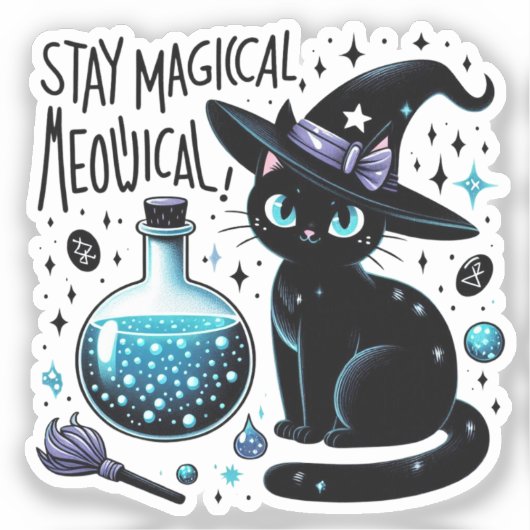 Blijf Magische Meowgical Witch Black Cat Schattige Sticker (Voorkant)