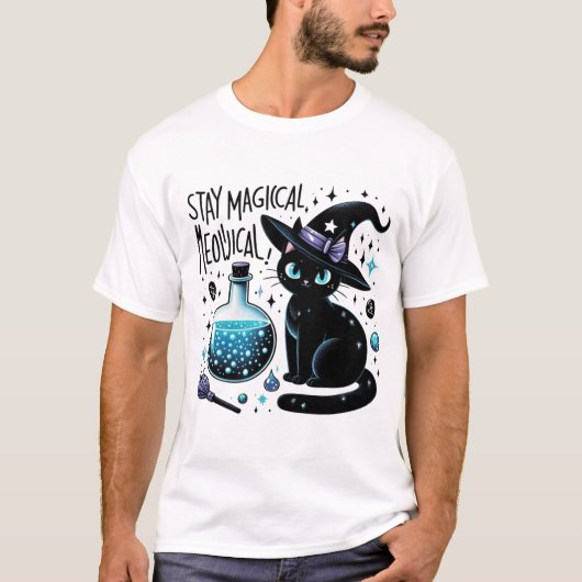 Blijf magische Meowgical Witch Black Cat Schattige T-shirt (Voorkant)